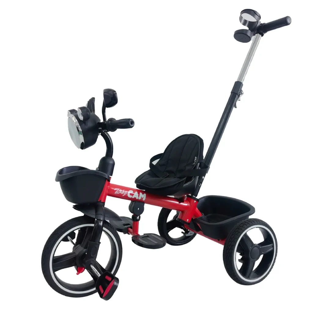 Triciclo para bebé Baby Cam tipo chopper color rojo con manija de empuje, asiento acolchado, canastilla y ruedas grandes para paseos seguros.