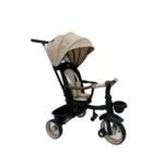 Triciclo Flex Baby Cam beige con capota, manija de empuje, asiento acolchado y canastilla, ideal para paseos seguros del bebé.