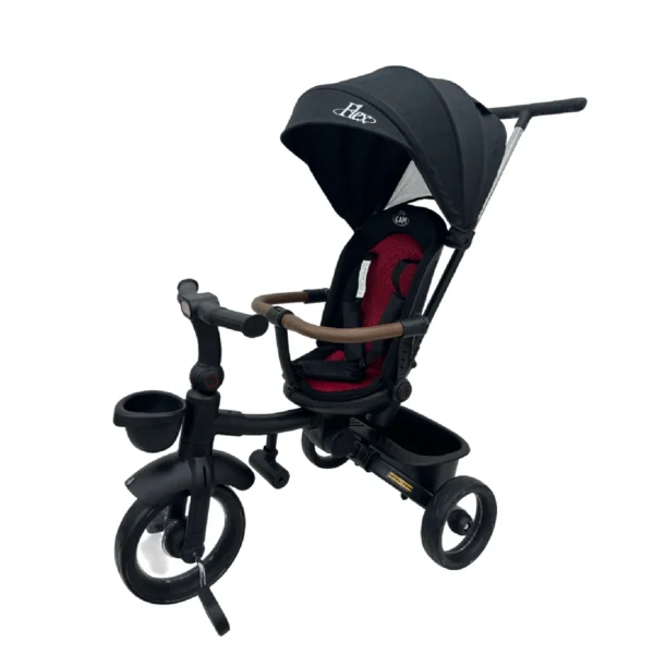 Triciclo Flex Baby Cam rojo negro con capota, manija de empuje, asiento acolchado y canastilla, ideal para paseos seguros del bebé.