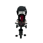 Triciclo Flex Baby Cam rojo negro con capota, manija de empuje, asiento acolchado y canastilla, ideal para paseos seguros del bebé.