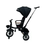 Triciclo Flex Baby Cam rojo negro con capota, manija de empuje, asiento acolchado y canastilla, ideal para paseos seguros del bebé.