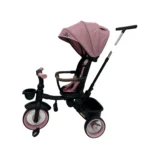Triciclo Flex Baby Cam rosado con capota, manija de empuje, asiento acolchado y canastilla, ideal para paseos seguros del bebé.