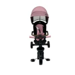 Triciclo Flex Baby Cam rosado con capota, manija de empuje, asiento acolchado y canastilla, ideal para paseos seguros del bebé.