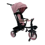 Triciclo Flex Baby Cam rosado con capota, manija de empuje, asiento acolchado y canastilla, ideal para paseos seguros del bebé.