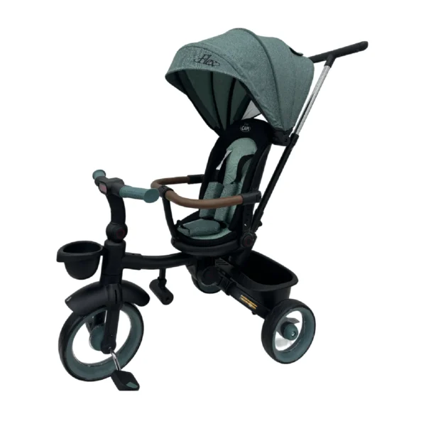 Triciclo Flex Baby Cam verde con capota, manija de empuje, asiento acolchado y canastilla, ideal para paseos seguros del bebé.
