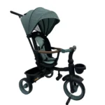 Triciclo Flex Baby Cam verde con capota, manija de empuje, asiento acolchado y canastilla, ideal para paseos seguros del bebé.