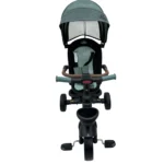 Triciclo Flex Baby Cam verde con capota, manija de empuje, asiento acolchado y canastilla, ideal para paseos seguros del bebé.