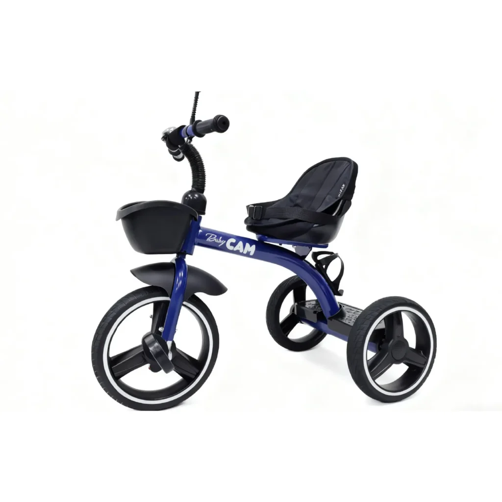 Triciclo para bebé Baby Cam color azul con asiento acolchado, canastilla frontal y ruedas grandes para paseos seguros