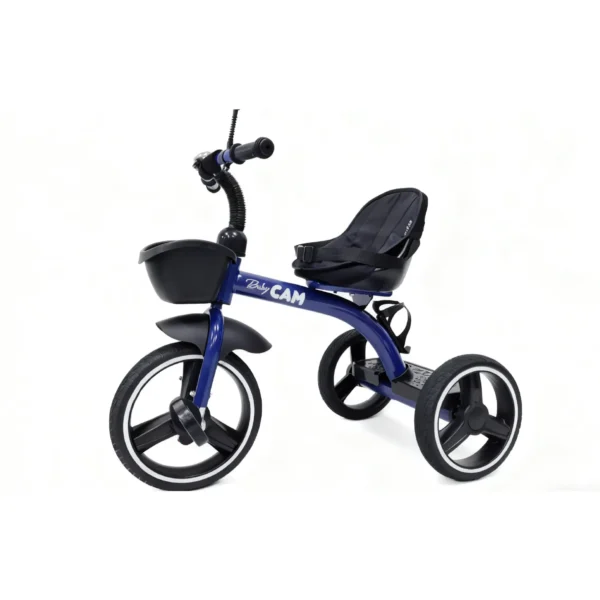 Triciclo para bebé Baby Cam color azul con asiento acolchado, canastilla frontal y ruedas grandes para paseos seguros