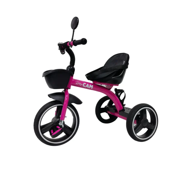 Triciclo para bebé Baby Cam color fucsia con asiento acolchado, canastilla frontal y ruedas grandes para paseos seguros