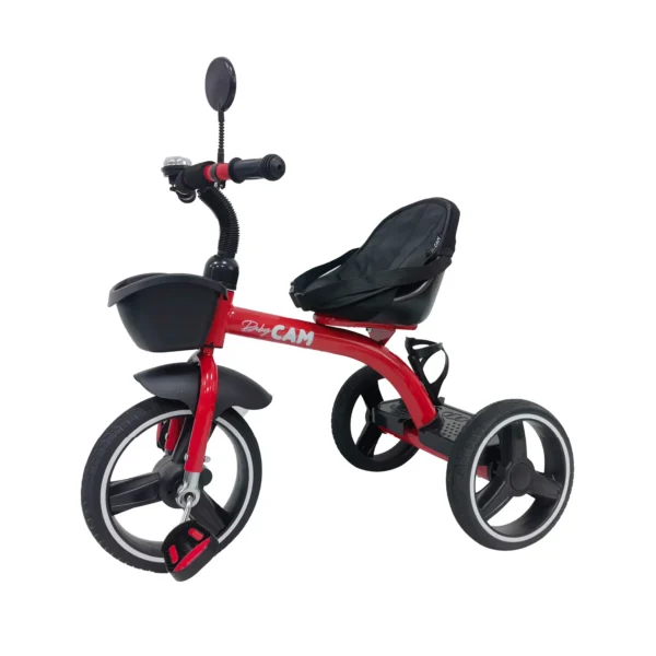 Triciclo para bebé Baby Cam color rojo con asiento acolchado, canastilla frontal y ruedas grandes para paseos seguros