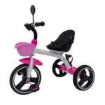 Triciclo para bebé Baby Cam color rosado con asiento acolchado, canastilla frontal y ruedas grandes para paseos seguros