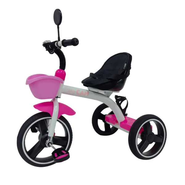 Triciclo para bebé Baby Cam color rosado con asiento acolchado, canastilla frontal y ruedas grandes para paseos seguros