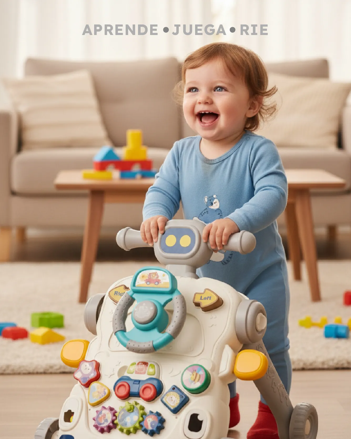Bebé usando caminador interactivo 3 en 1 con juguetes de aprendizaje en sala de juegos