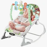 Mecedora para bebé verde con arco de juegos y música, asiento acolchado y función vibración para descanso y estimulación temprana