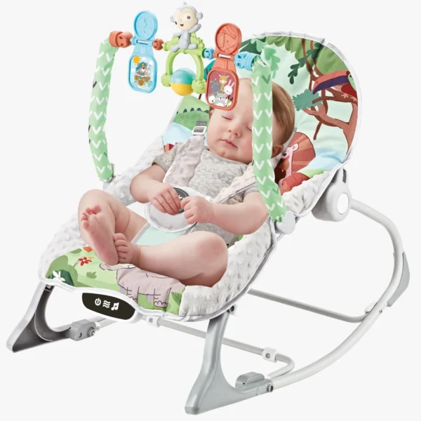 Mecedora para bebé verde con arco de juegos y música, asiento acolchado y función vibración para descanso y estimulación temprana