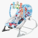 Mecedora para bebé azul con arco de juegos y música, asiento acolchado y función vibración para descanso y estimulación temprana