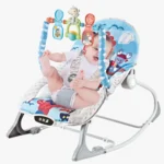 Mecedora para bebé azul con arco de juegos y música, asiento acolchado y función vibración para descanso y estimulación temprana