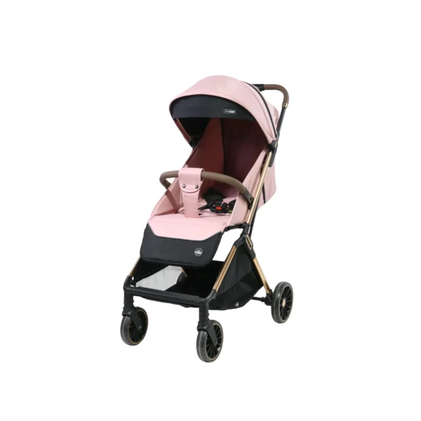 Coche para bebé Denver Baby Cam color rosado con capota amplia, asiento acolchado y ruedas giratorias para paseos cómodos y seguros.