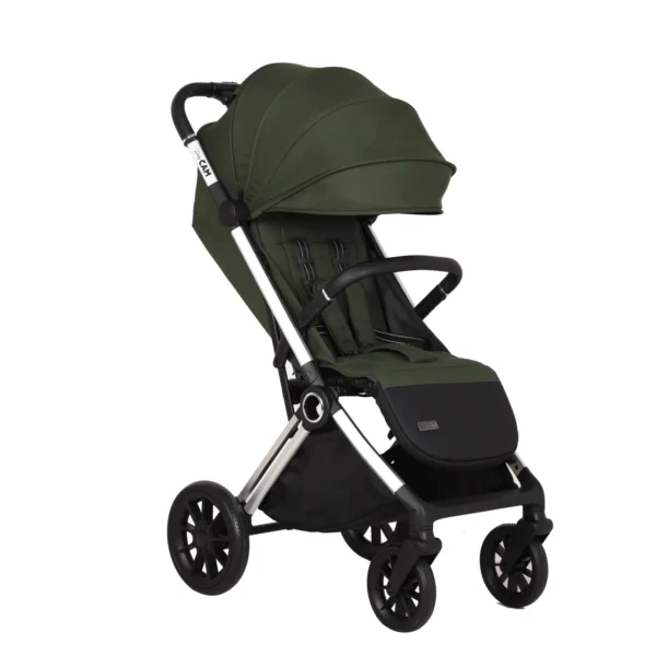 Coche para bebé Kronos Baby Cam color verde con capota amplia, asiento acolchado y ruedas grandes para paseos cómodos y seguros