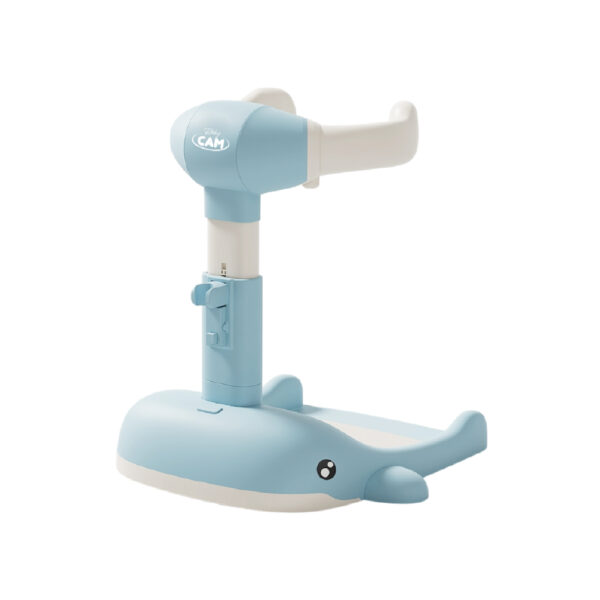 Soporte para baño Nubbi Baby Cam azul con diseño de ballena y estructura ajustable en altura.