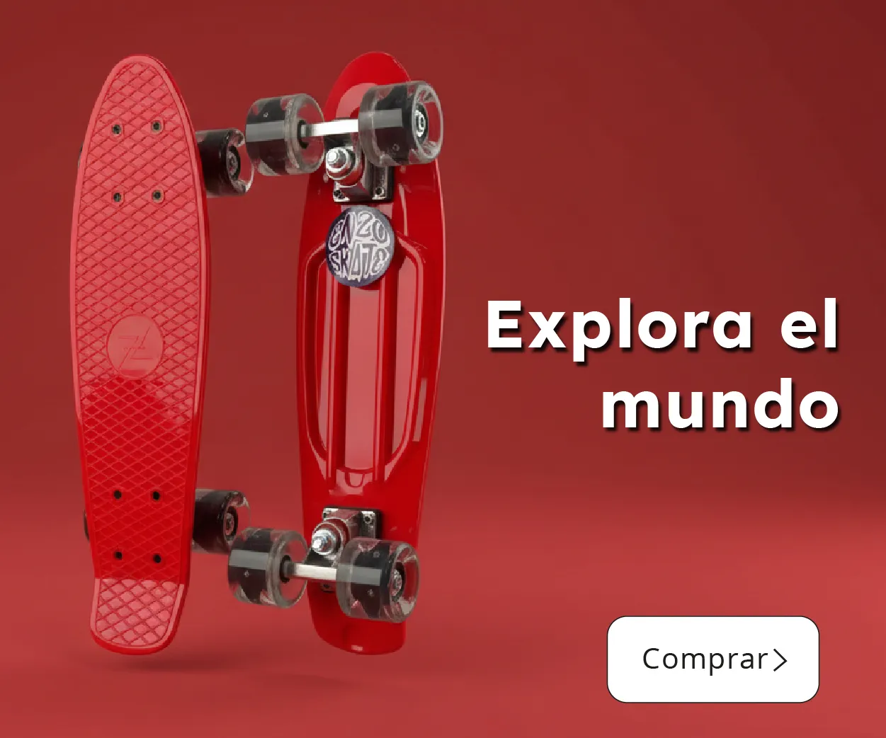 Skate rojo modelo Enzo Penny sobre fondo rojo con mensaje "Explora el mundo"