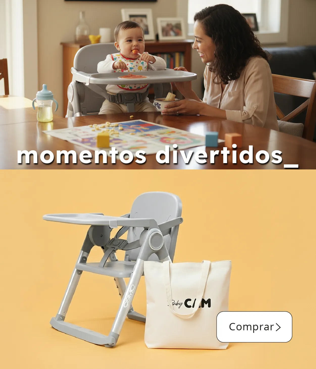 Bebé comiendo en silla de comer gris mientras su madre lo alimenta; silla plegable Baby CAM mostrada en fondo amarillo