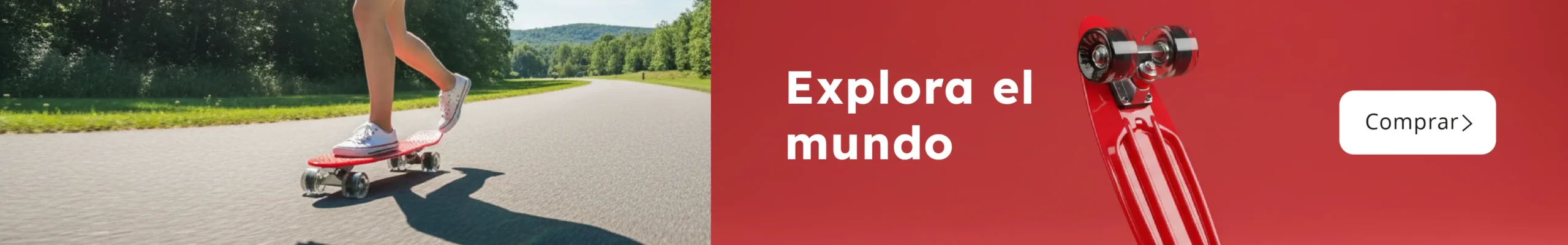 Skate rojo modelo Enzo Penny sobre fondo rojo con mensaje "Explora el mundo"