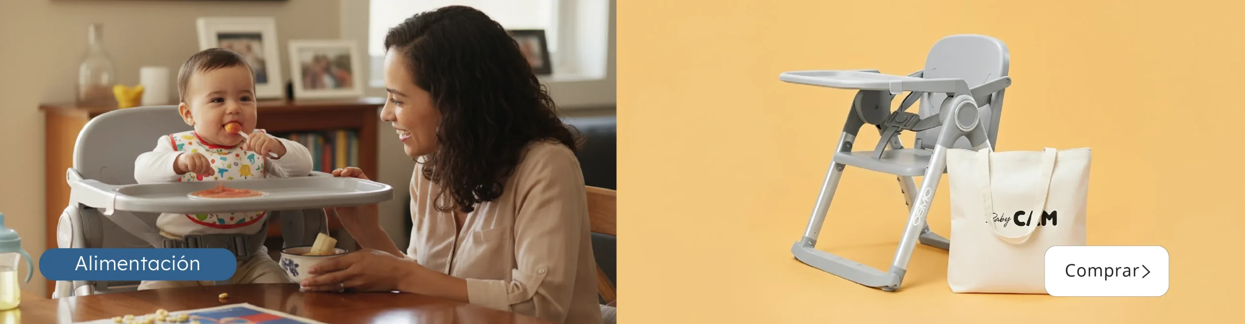Bebé comiendo en silla de comer gris mientras su madre lo alimenta; silla plegable Baby CAM mostrada en fondo amarillo
